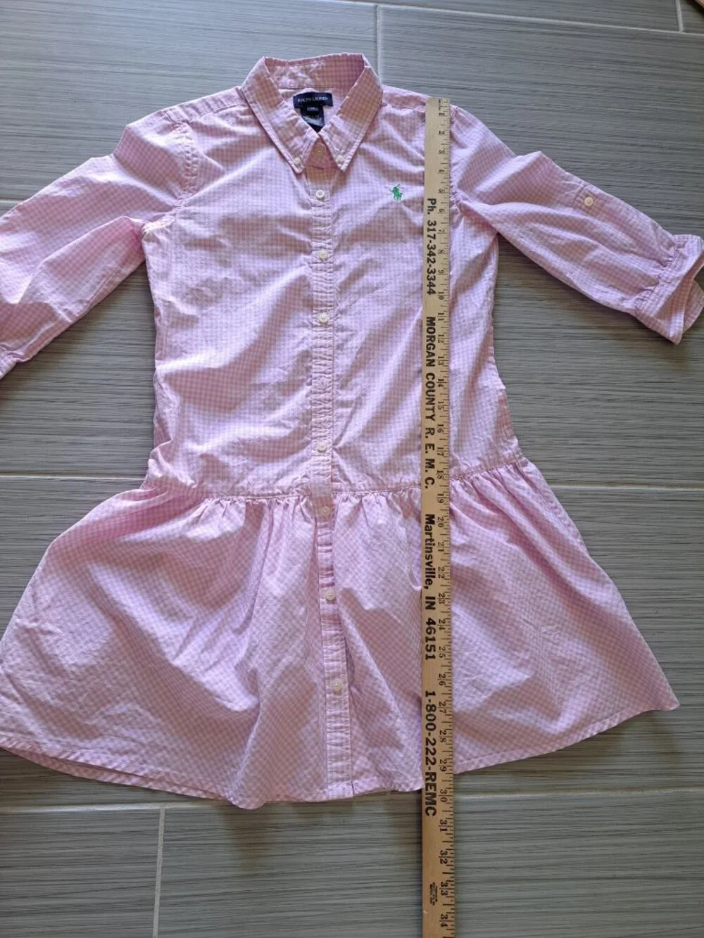 Ralph Lauren Girls Pink Gingham Button Dress 14 Cotton 3/4 Sleeves Green Logo